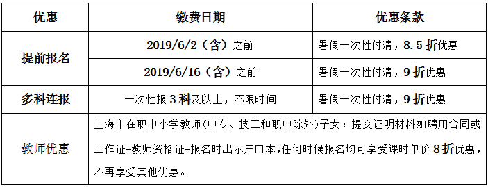 2019年恒高暑假優惠標準